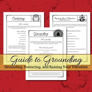 May include: Guide to Grounding, Centering, and Raising Your Vibration.  A black and white illustration of a person meditating with a mandala behind them.  The text "Grounding, Centering, and Raising Your Vibration" is in a large, bold font.