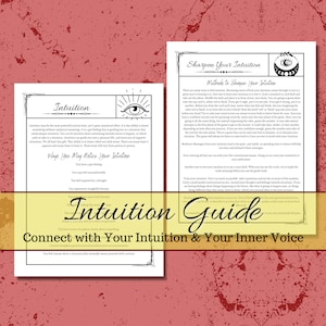 Puede incluir: Una guía imprimible sobre la intuición con una ilustración en blanco y negro de un ojo. La guía incluye consejos sobre cómo agudizar tu intuición y conectar con tu voz interior. El texto incluye frases como "Ways You May Notice Your Intuition" y "Connect with Your Intuition & Your Inner Voice".
