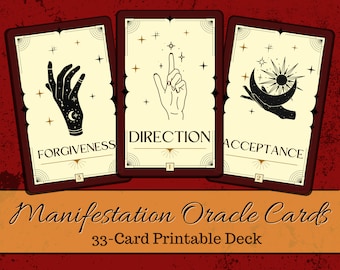 May include: Three printable oracle cards with a vintage aesthetic. The cards feature illustrations of hands with different gestures and symbols, including a crescent moon, a sun, and stars. The cards are labeled "Forgiveness", "Direction", and "Acceptance".