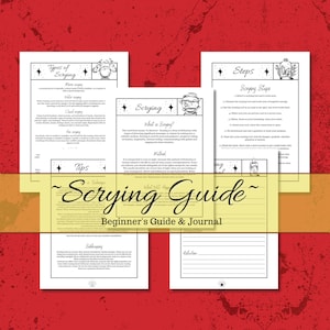 May include: A black and white printable guide to scrying, a form of divination. The guide includes instructions on different types of scrying, techniques, and steps to follow. The title of the guide is "Scrying Guide: Beginner's Guide & Journal".