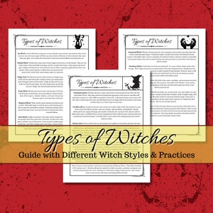 Op de afbeelding: Een gids voor verschillende soorten heksen, met illustraties en beschrijvingen van elk type, waaronder keukenheksen, heksenen, groene heksen en meer. De gids is getiteld "Soorten heksen: Gids met verschillende heksenstijlen en -praktijken".