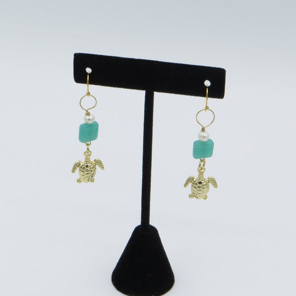 Gold plated sea turtle, pearl and aqua glass hook earrings, Gift for Her, nautical fashion