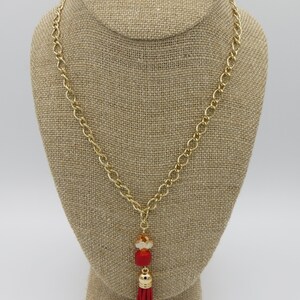 Red Coral and Red Tassel Y Necklace on Gold Tone Chain