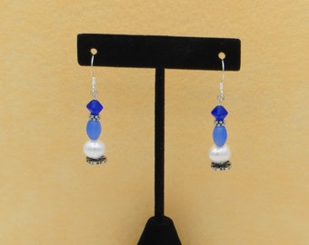 White pearl, blue, and silver tone dangle earrings, Gift for Her. Pearl Earrings, White Pearl Earrings