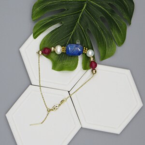 Large lapis lazuli, white pearl, carnelian, and gold tone adjustable bracelet with silicone bead, Gift for Her