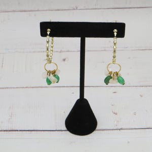 Bamboo Style J-Hoop Gold Tone Earrings with Pink Beryl and Green Glass Drops