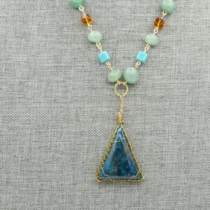 Green aventurine, brown and aqua glass, and gold wrapped neon apatite pendant, adjustable 22 - 24 inches, Gift for Her