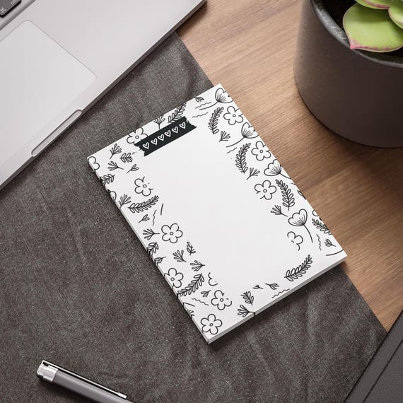 Black Doodle Floral Border Post-it Note Pads | Hand-Drawn Flowers, Hearts