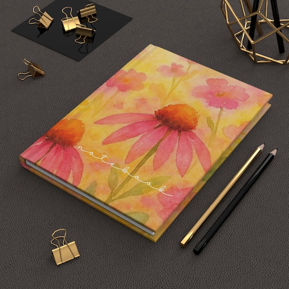 Pink Coneflower Watercolor Hardcover Journal | Floral Notebook, Botanical Art