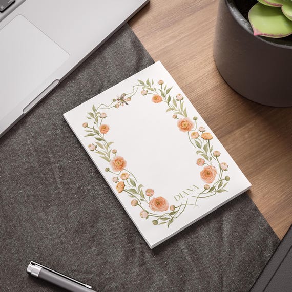 Peach Floral Frame Post-it Note Pads | Personalized Monogram Stationery