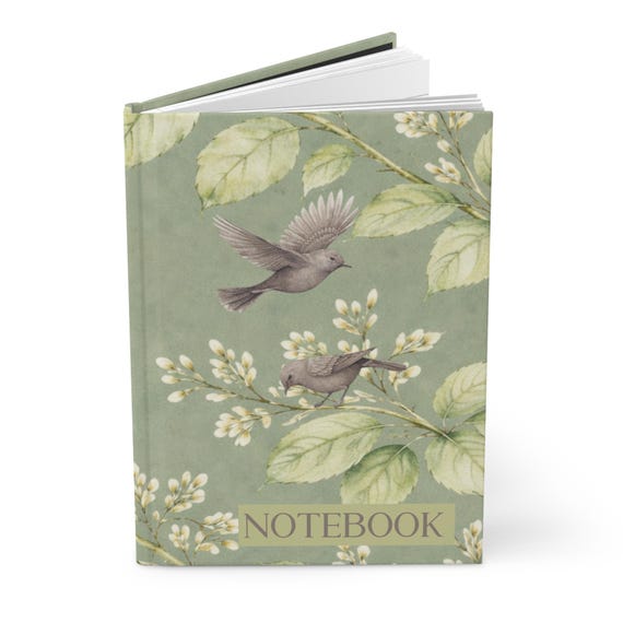Vintage Botanical Birds Hardcover Journal | Floral Notebook, Sage Green