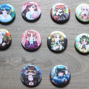 May include: Nine round buttons with different anime characters on them. The buttons are colorful and have a variety of backgrounds.