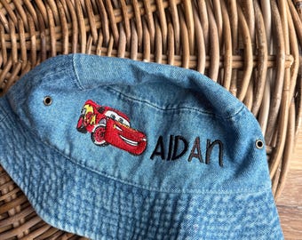 Cars Themed Custom Embroidered Denim Bucket Hat For Kids | Race Car | Toddler Summer Hat