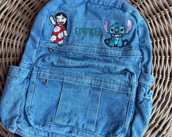 Custom Embroidered Lilo and Stitch Denim Backpack for Kids