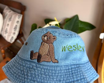 Little Bear Embroidered Kids Toddler Denim Bucket Hat | 90s Nostalgia