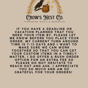 May include: A logo featuring a black crow perched on a branch next to a jack-o'-lantern and gold stars inside an ornate arch. Below is the text: CROW'S NEST CO. THREADING MAGIC & MEMORIES, followed by a paragraph regarding order turnaround times.