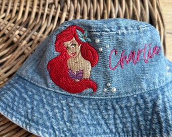 Custom Embroidered Ariel Denim Bucket Hat with Pearls