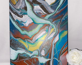 Puede incluir: Pintura abstracta sobre lienzo con patrones en espiral en tonos de azul, verde, blanco, marrón y dorado.