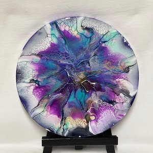 Acrylic Painting on canvas/ Fluid Art painting/ Abstract painting/ Original painting/ Custom painting/ peacock inspired/ 12 inch round