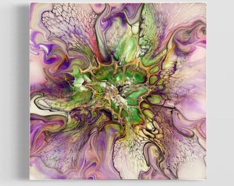 May include: Abstract painting with swirling patterns of purple, green, and gold paint. The colors blend together to create a unique and eye-catching design.