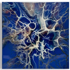May include: Abstract painting with a blue background and white and brown veins. The veins create a web-like pattern.