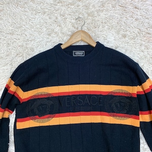 Vintage Versace Knit Sweater: 90s Italy, Black & Orange, Size L