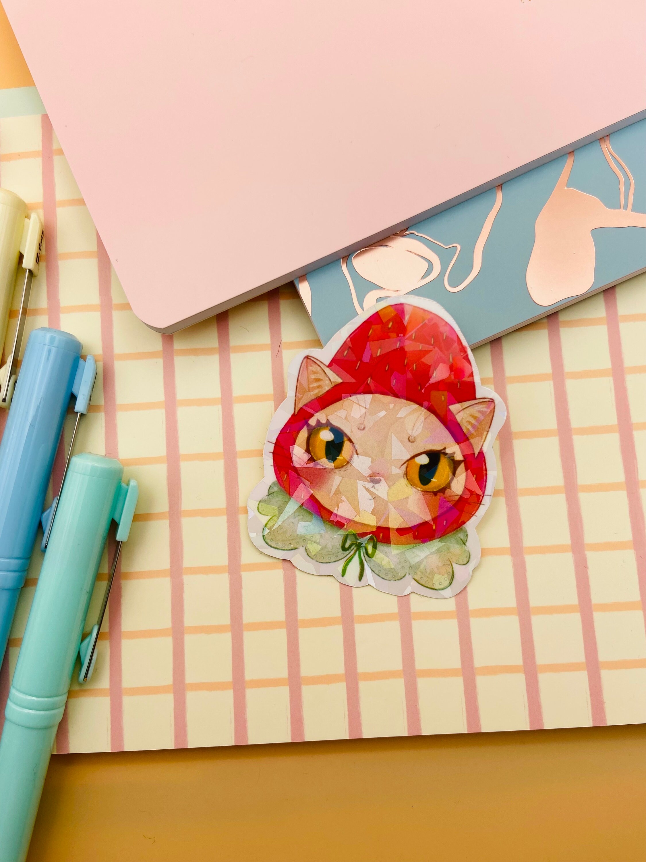Strawberry Cat Kawaii Vinyl Sticker Water Bottle Planner Stationery ...