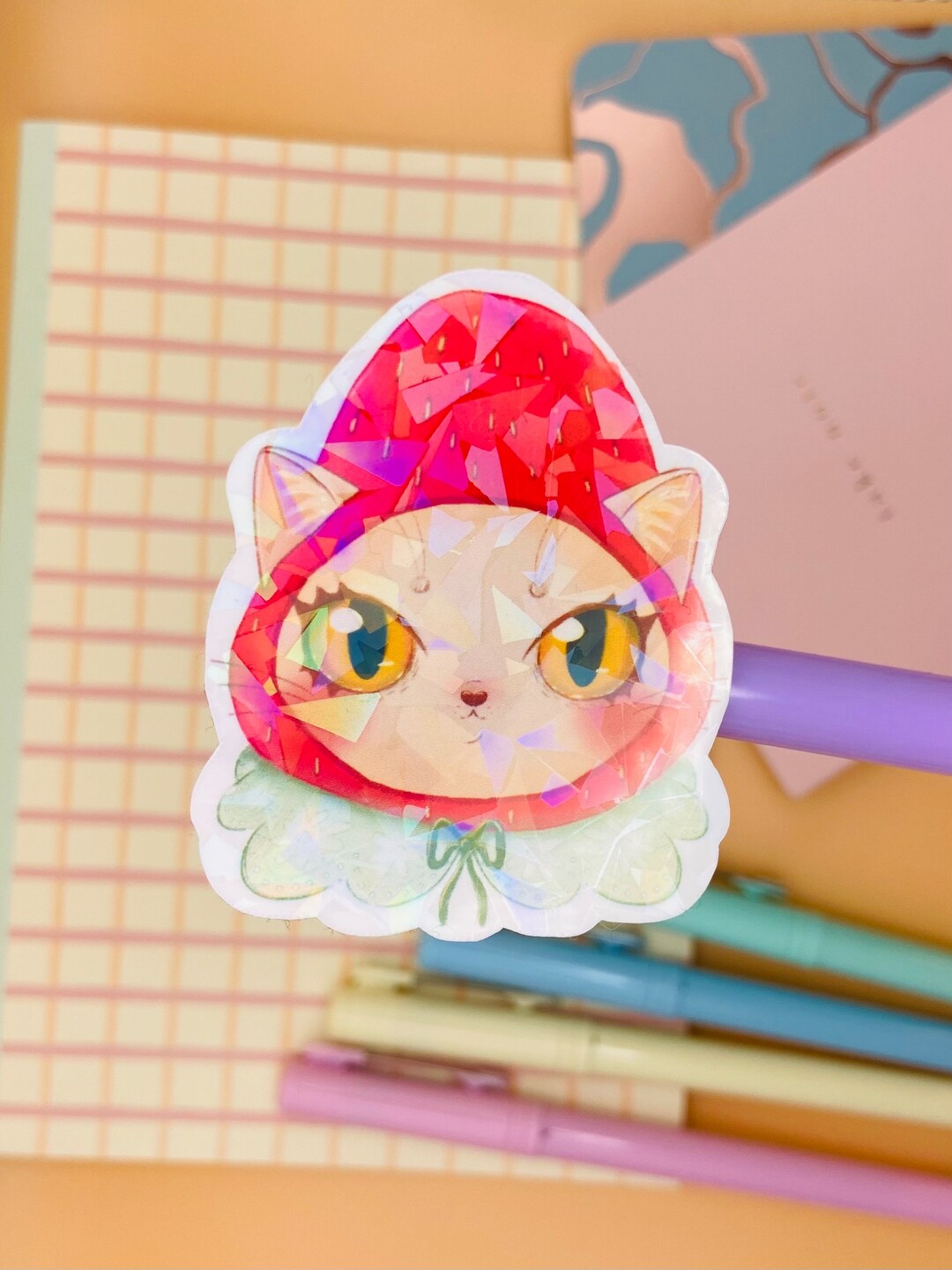 Strawberry Cat Kawaii Vinyl Sticker Water Bottle Planner Stationery ...