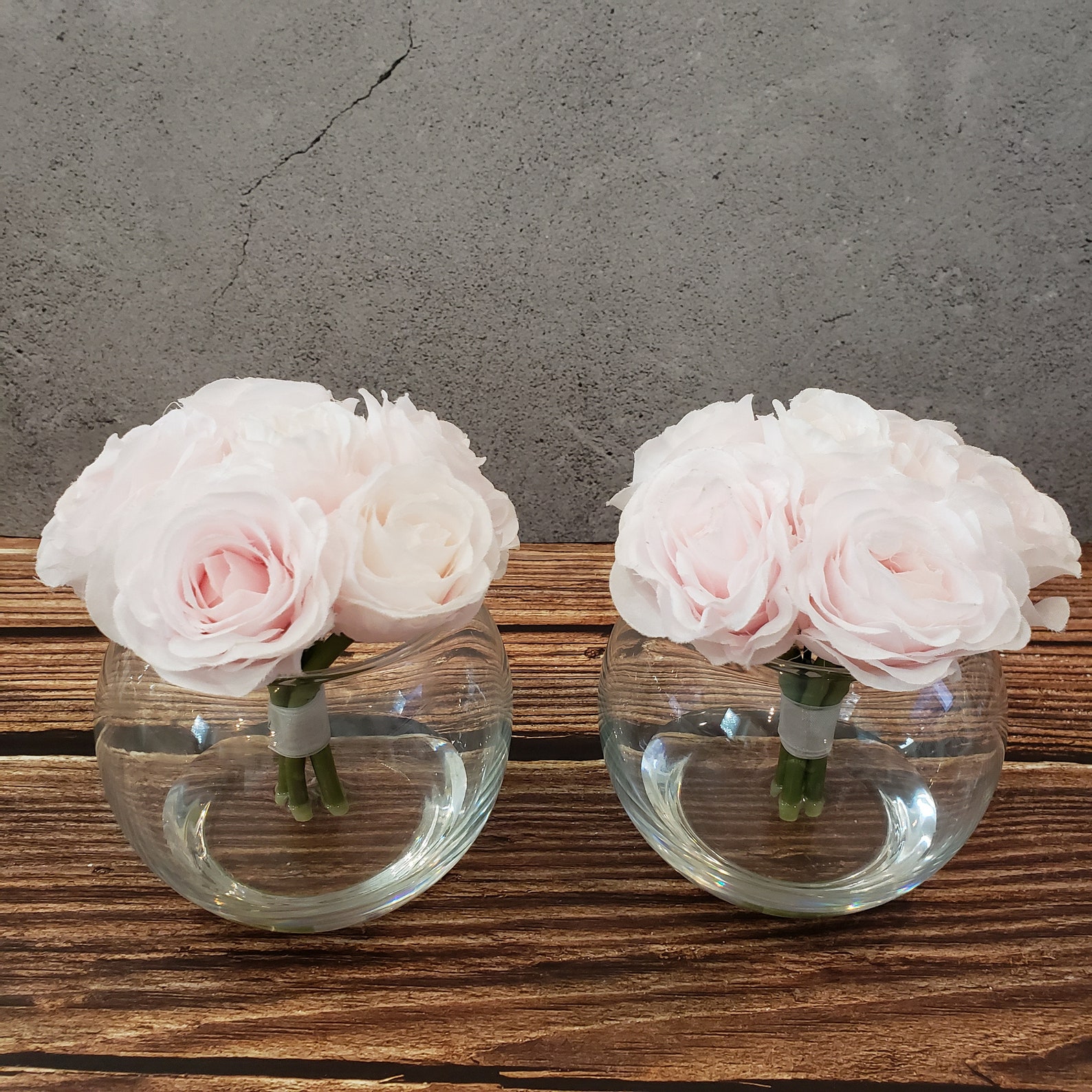 Set of 2 Pink Rose Arrangements in Glass Bowls with Faux Water Etsy