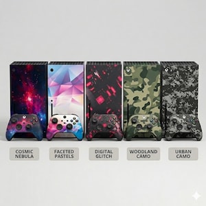 May include: Five Xbox Series X consoles and matching wireless controllers featuring distinct graphic skins: Cosmic Nebula, Faceted Pastels, Digital Glitch, Woodland Camo, and Urban Camo. Each console is rectangular with a top vent and disc slot.