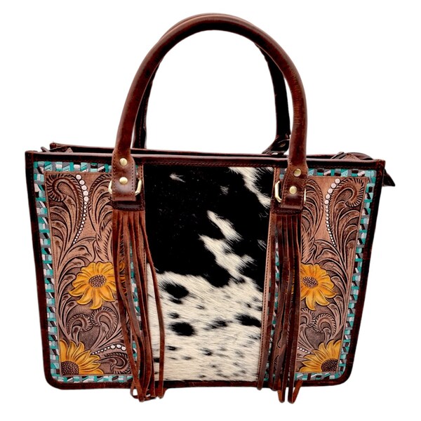 Western-style Tote bag / purse / Handbag with Genuine Cowhide and Tooled Leather - Medium sized - Statement Bag / Shoulder bag