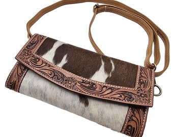 Southwestern style genuine fur-on cowhide + tooled leather trim wallet / clutch with detachable shoulder strap