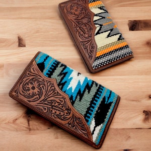 Portefeuille / pochette en laine de style aztèque du sud-ouest et en cuir véritable repoussé
