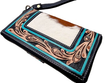 Southwestern style genuine fur-on cowhide + tooled turquoise leather trim wallet / clutch with detachable wrist strap / wrist lanyard