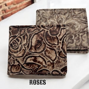 Carteras vintage plegables de piel auténtica con estampado floral en relieve: disponibles en varios estilos