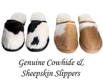 Genuine cowhide and sheep skin slippers - Available in Black + White or Tan + White