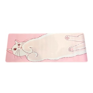 May include: A rectangular mat featuring a light pink background with a large, white, cartoon-style cat lying on its side. The cat has dark eyes, whiskers, and visible paw pads on its extended back legs, rendered in a simple, clean line art style.