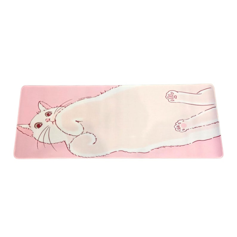 May include: A rectangular mat featuring a light pink background with a large, white, cartoon-style cat lying on its side. The cat has dark eyes, whiskers, and visible paw pads on its extended back legs, rendered in a simple, clean line art style.