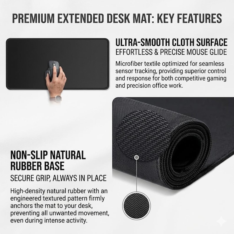 May include: A black rectangular desk mat featuring an ultra-smooth microfiber cloth surface for mouse tracking and a non-slip natural rubber base with a textured pattern. The text reads: PREMIUM EXTENDED DESK MAT: KEY FEATURES, ULTRA-SMOOTH CLOTH SURFACE, EFFORTLESS & PRECISE MOUSE GLIDE, NON-SLIP NATURAL RUBBER BASE, SECURE GRIP, ALWAYS IN PLACE.