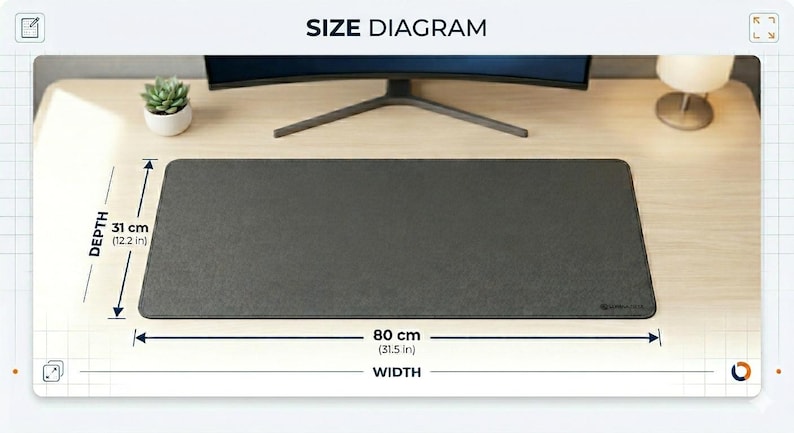 May include: A rectangular dark gray desk mat with rounded corners. The size diagram indicates a depth of 12.2 inches and a width of 31.5 inches. The mat features a textured surface and a small logo in the bottom right corner.