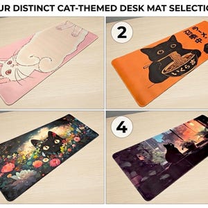 May include: Four rectangular desk mats with cat-themed illustrations. The first shows a white cat on a pink background. The second is orange with a black cat eating ramen. The third features a black cat in a colorful garden. The fourth shows a black cat silhouette at a window.