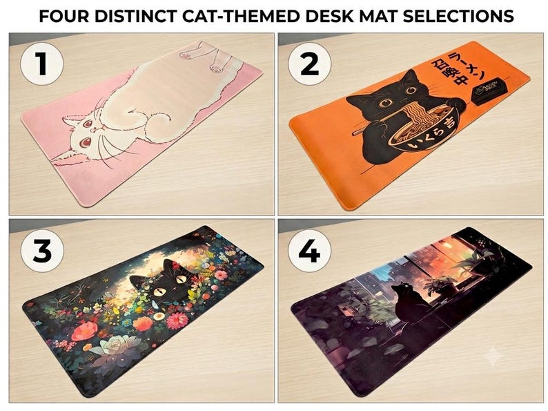 May include: Four rectangular desk mats with cat-themed illustrations. The first shows a white cat on a pink background. The second is orange with a black cat eating ramen. The third features a black cat in a colorful garden. The fourth shows a black cat silhouette at a window.