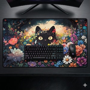 May include: A rectangular desk mat featuring a black cat face surrounded by a vibrant, colorful garden of various flowers. A black mechanical keyboard and a black computer mouse are placed on top of the mat, which rests on a dark surface.