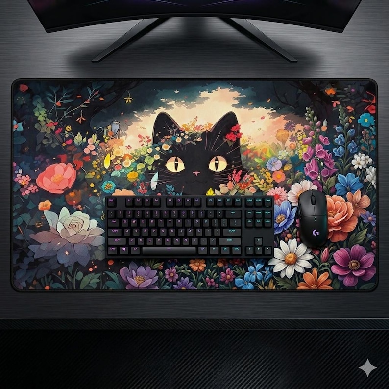 May include: A rectangular desk mat featuring a black cat face surrounded by a vibrant, colorful garden of various flowers. A black mechanical keyboard and a black computer mouse are placed on top of the mat, which rests on a dark surface.