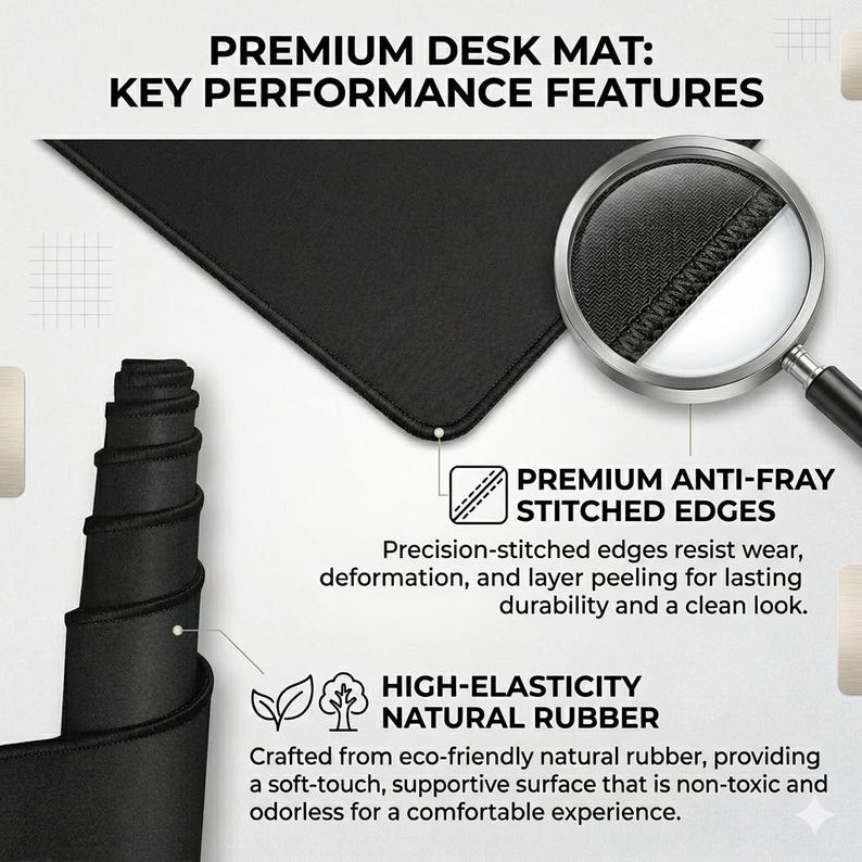 May include: A black desk mat featuring premium anti-fray stitched edges and a high-elasticity natural rubber base. The image includes text labels: PREMIUM DESK MAT: KEY PERFORMANCE FEATURES, PREMIUM ANTI-FRAY STITCHED EDGES, and HIGH-ELASTICITY NATURAL RUBBER.
