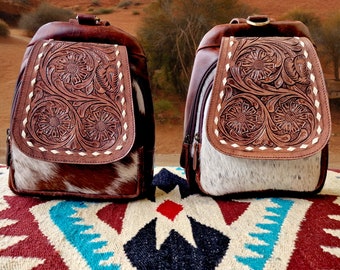 Genuine cowhide and embossed leather compact backpack | small cowhide backpack | small-sized western-style backpack | cowhide purse