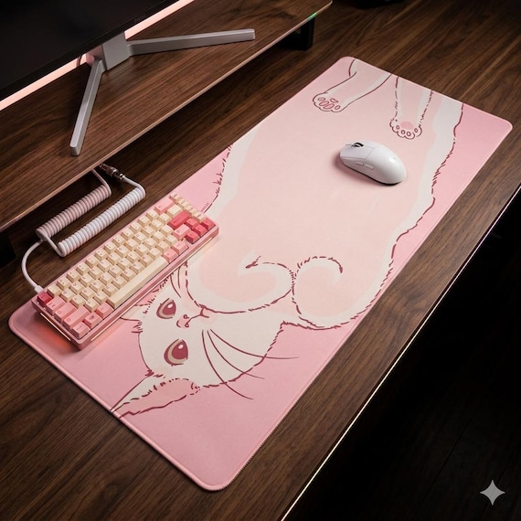 Kawaii Pink Cat Desk Mat | Large Extended Gaming Mouse Pad & Keyboard Mat