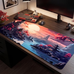 Oversized Gaming Desk Mat | Japanese Sunset Landscape Design | Mouse Pad