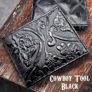 Cowboy Tooled black genuine leather Vintage Bi-fold wallet - Available in various styles