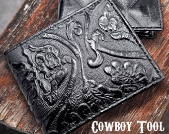 Cowboy Tooled black genuine leather Vintage Bi-fold wallet - Available in various styles